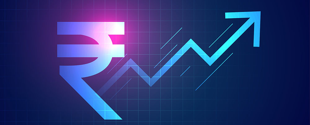 digital indian rupee rise up arrow background in trading concept